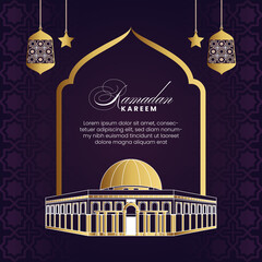 Elegant ramadan kareem calligraphy with mosque image and lanterns