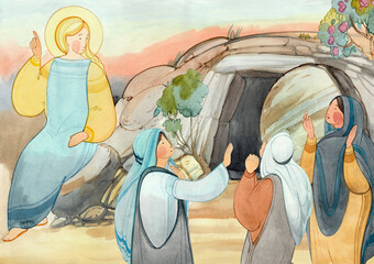Wall Mural - Resurrection of Jesus Christ, Easter,Holy Sepulcher, the angel speaks with the myrrh-bearing women about the resurrection. For Christian church publications, Easter cards, prints, easter banner, bord.