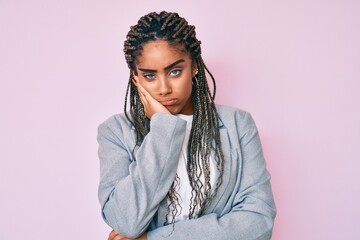 Sticker - Young african american woman with braids wearing business jacket thinking looking tired and bored with depression problems with crossed arms.