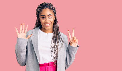 Sticker - Young african american woman with braids wearing business clothes showing and pointing up with fingers number eight while smiling confident and happy.