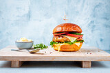 Fototapeta Desenie - Grilled chicken sriracha mayo burger