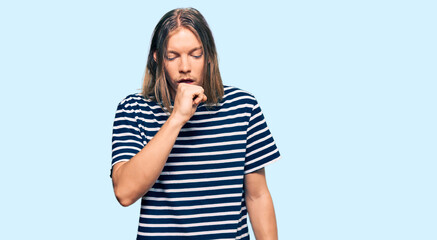 Sticker - Handsome caucasian man with long hair wearing casual striped t-shirt feeling unwell and coughing as symptom for cold or bronchitis. health care concept.