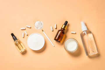 Wall Mural - collagen product. anti-age cosmetic. collagen powder, pills, cream with collagen and tonic. healthca