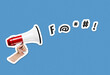 © BOOCYS - Hand holding megaphone on blue background with swear and curse symbols. Collage cut out style illustration