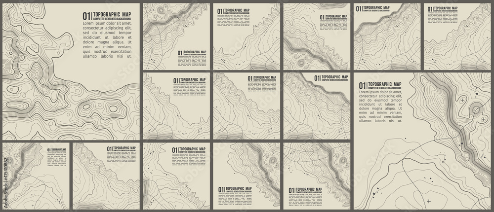Topographic pattern texture vector Set. Grey contours vector topography. Geographic mountain topography vector illustration. Map on land vector terrain. Elevation graphic contour height lines. - obrazy, fototapety, plakaty 
