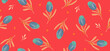 Summer vector seamless pattern. Spring blue tulip flowers on red background. Simple flat tulips with orange leaves. Trendy floral pattern for fabric, wrapping paper, wedding, easter, poster. EPS10