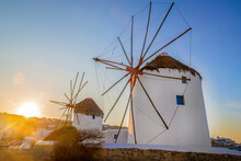 Amazing Landscape With Famous Winmills On Greek Island Mykonos