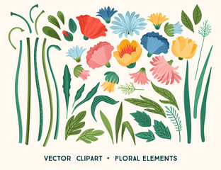 Wall Mural - Vector clipart. Floral design elements. Leaves, flowers, grass, branches,