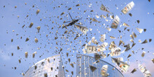 Helicopter Money Concept: A Synonym For Boosting Consumer Spending By Giving Money Directly To The Public. A Helicopter Throwing Loads Of Single 100 USD Banknotes Out Of An Open Door. Selective Focus