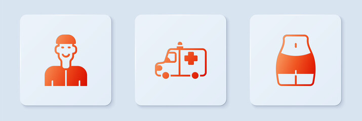 Sticker - Set Ambulance and emergency car, Positive thinking and Women waist. White square button. Vector.