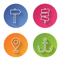 Wall Mural - Set line Road traffic signpost, Road traffic signpost, Location and Anchor. Color circle button. Vector.