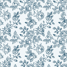 Seamless Pattern With Abstract Blue Garden Roses, With Buds And Leaves Silhouette. Background With Blossoming Outline Flowers. Vintage Floral Hand Drawn Wallpaper. Vector Stock Illustration.