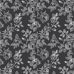 Wall Mural - Seamless pattern with abstract garden roses, with buds and leaves silhouette. Black background with blossoming outline flowers. Vintage floral hand drawn wallpaper. Vector stock illustration.