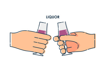 Two human hand holding a glass of liquor. Line art design element on white background. Fingers person with stack with alcohol. Concept of time to drink alcohol. Modern graphic style illustration