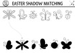 © Lexi Claus - Easter black and white shadow matching activity for children. Outline spring puzzle with cute insects. Holiday celebration educational game for kids. Find the correct silhouette printable worksheet. .