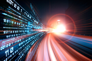 Digital data flow on road with motion blur to create vision of fast speed transfer . Concept of future digital transformation , disruptive innovation and agile business methodology .