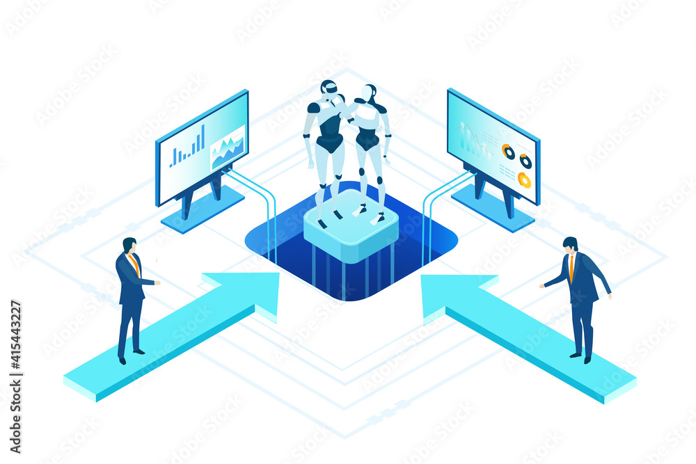 Isometric 3D business environment. Robots and artificial intelligence ...