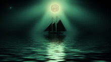 Seascape With Sailing Ship Schooner Moonlit Night Path Spectacular Lighting.