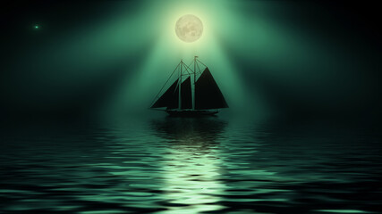Wall Mural - seascape with sailing ship schooner moonlit night path spectacular lighting.