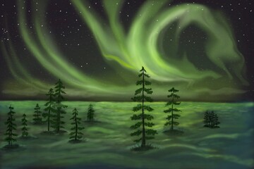 northern lights design with snow and trees