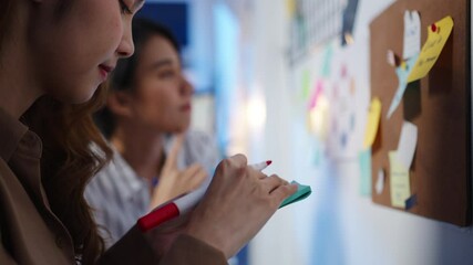 Canvas Print - Group of young Asia businesspeople discussing business brainstorming meeting working together sharing data and writing whiteboard on wall with sticky note in night office. Coworker teamwork concept.