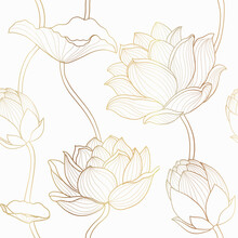 Luxury Lotus Seamless Wallpaper Design Vector, Gold Lotus Line Flowers Seamless Pattern For Packaging Background, Print