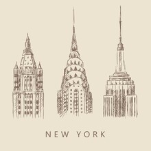 Three Sketches Of Famous Skyscrapers In New York, USA. Woolworth Building, Empire State Building, Chrysler Building. Vintage Beige Card, Hand-drawn, Vector. Cityscape View.