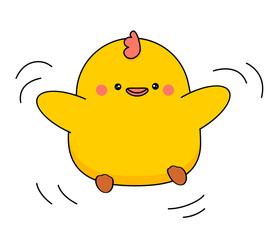  Cute chicken character flaps its wings. Vector isolated on white.