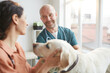 © Seventyfour - Waist up portrait of mature veterinarian smiling at young woman while examining white dog, copy space