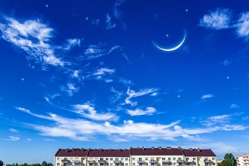 Wall Mural - young month in clouds sky, background of religion