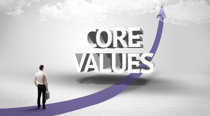 Wall Mural - Rear view of a businessman standing in front of CORE VALUES inscription, successful business concept