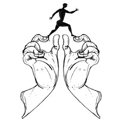 Two big human hands holding small running ancient Greek man. Creative concept. Black and white silhouette.