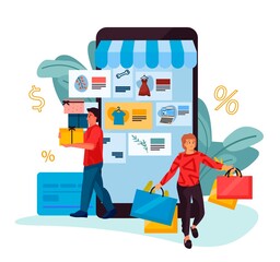 Poster - People shopping. Cartoon happy man and woman buy clothes, electronics and presents in online store. Mobile application with possibility of cashless payment and discounts. Vector internet shop concept