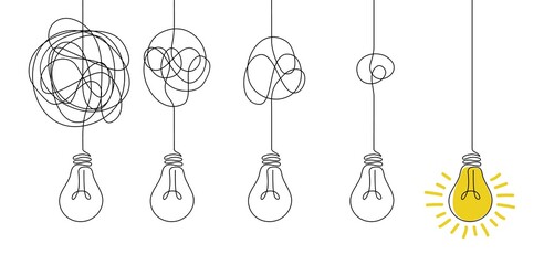messy lines and bulb. idea concept with outline lamps. doodle tangled cord with knot and broken illu