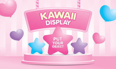 Wall Mural - Kawaii product display stage 3d illustration vector and cute signage with star and heart elements on pink pastel background.