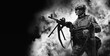 © andy_gin - Special Forces soldier fires a heavy machine gun and holds a band with patroans in his other hand. SWAT concept.