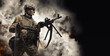 © andy_gin - Special Forces soldier fires a heavy machine gun and holds a band with patroans in his other hand. SWAT concept.