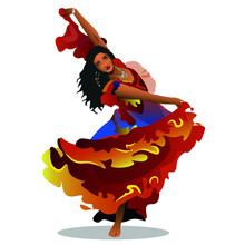 Vector Illustration Of A Dancing Gypsy Girl With Black Hair In A Red Dress On A White Background.