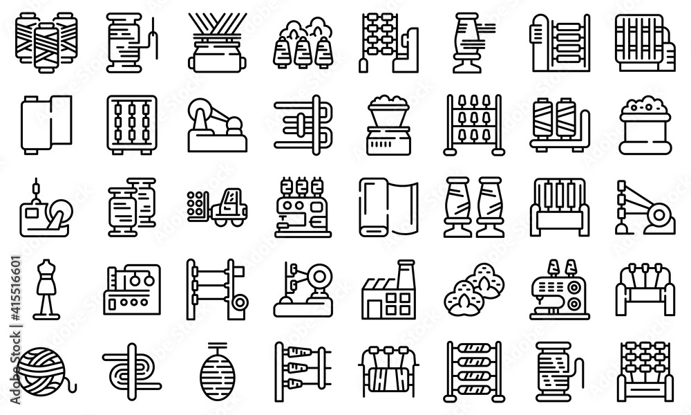 Thread production icons set. Outline set of thread production vector ...