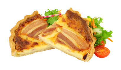 Wall Mural - Maple bacon and cheddar cheese quiche portions with fresh salad isolated on a white background