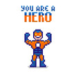 © George_Chairborn - colorful simple flat pixel art illustration of smiling cartoon superhero in superhero pose for motivational poster