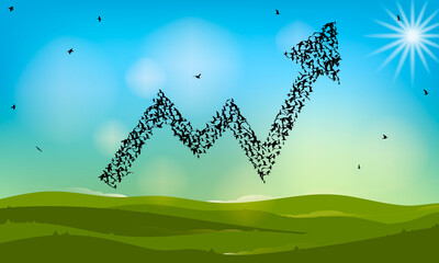 Wall Mural - Growth or Success Concept. Business Development Career Growth Concept. A large group of flying birds creates an arrow shape. Vector Illustration.