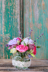 Poster - Bouquet with rose, eustoma and lavender flowers.