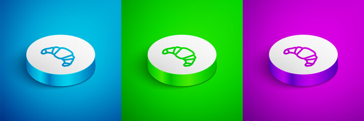 Poster - Isometric line Croissant icon isolated on blue,green and purple background. White circle button. Vector.