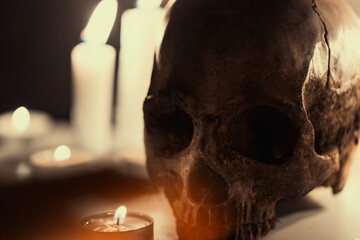 Wall Mural - Human skull against dark background in candle light closeup