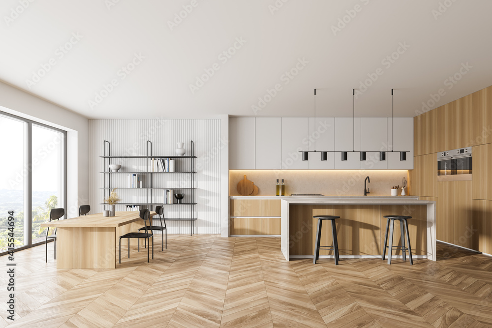 Wooden kitchen room with dining table and chairs, parquet floor - obrazy, fototapety, plakaty 