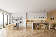 Wooden Kitchen Room With Dining Table And Chairs, Parquet Floor
