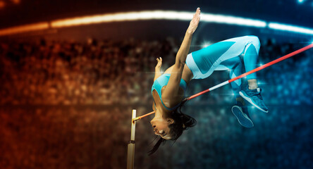 Wall Mural - Woman in action of high jump. Sports banner