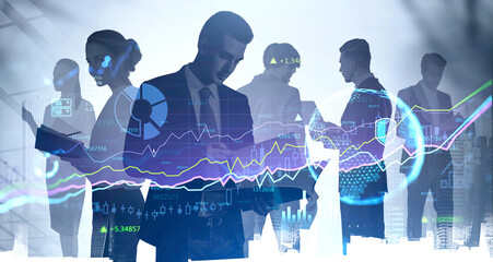 Canvas Print - Group of businesspeople working and researching the documents to predict stock market behaviour. Financial chart and hologram Globe on foreground. Double exposure.