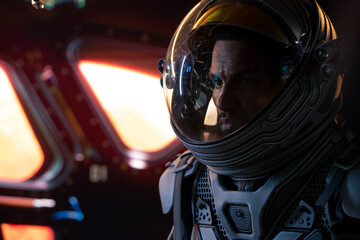 Wall Mural - portrait of african american black male astronaut inside spaceship cockpit. sci-fi space exploration